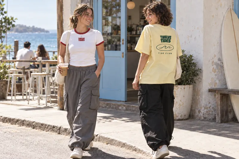 Two friends leaving a beachside cafe