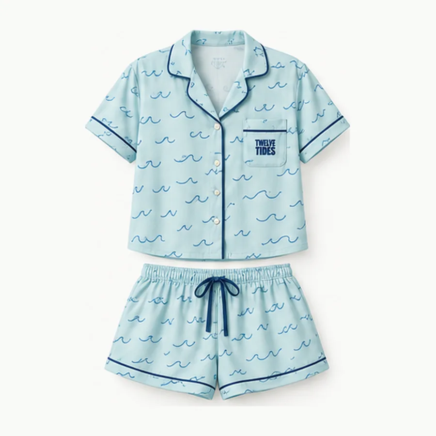 Daydream Short PJ Set, Aqua wave doodles
